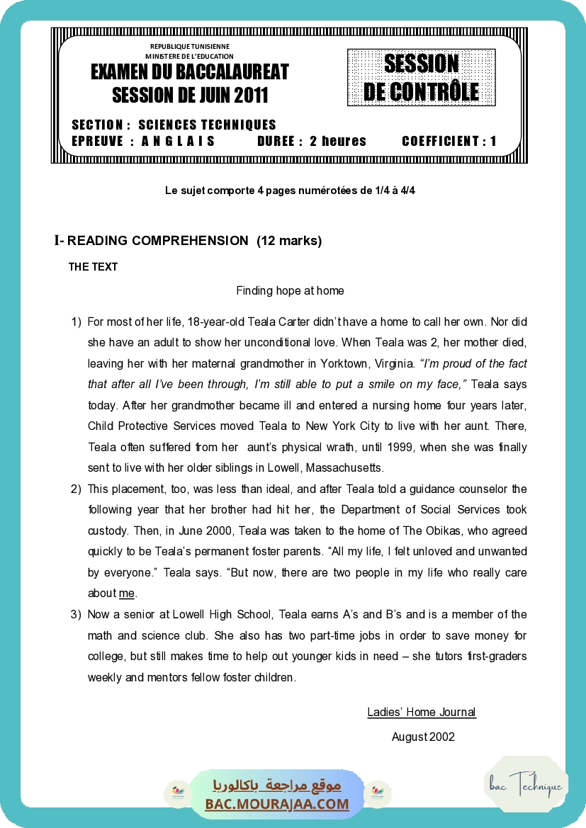 Sujet controle anglais Bac 2011 – Section technique